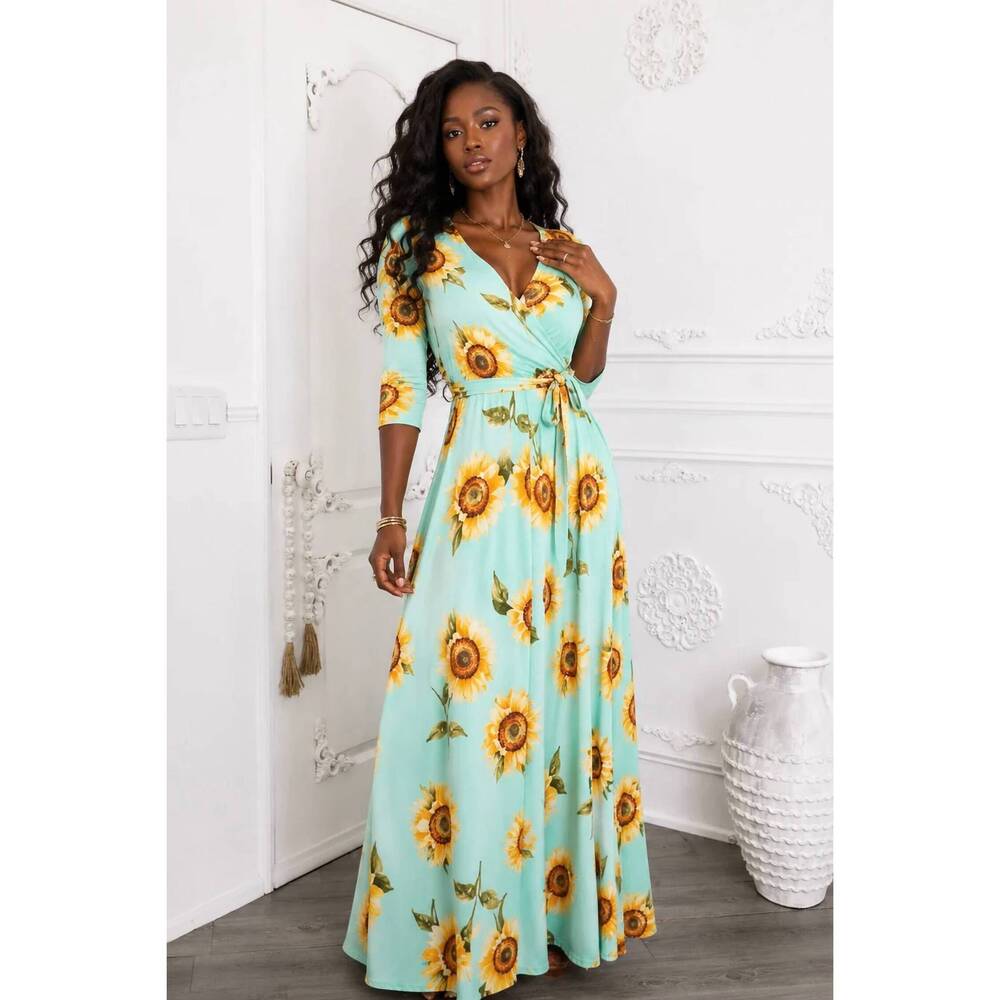 NEW SURELYMINE sunflower wrap maxi dress in green